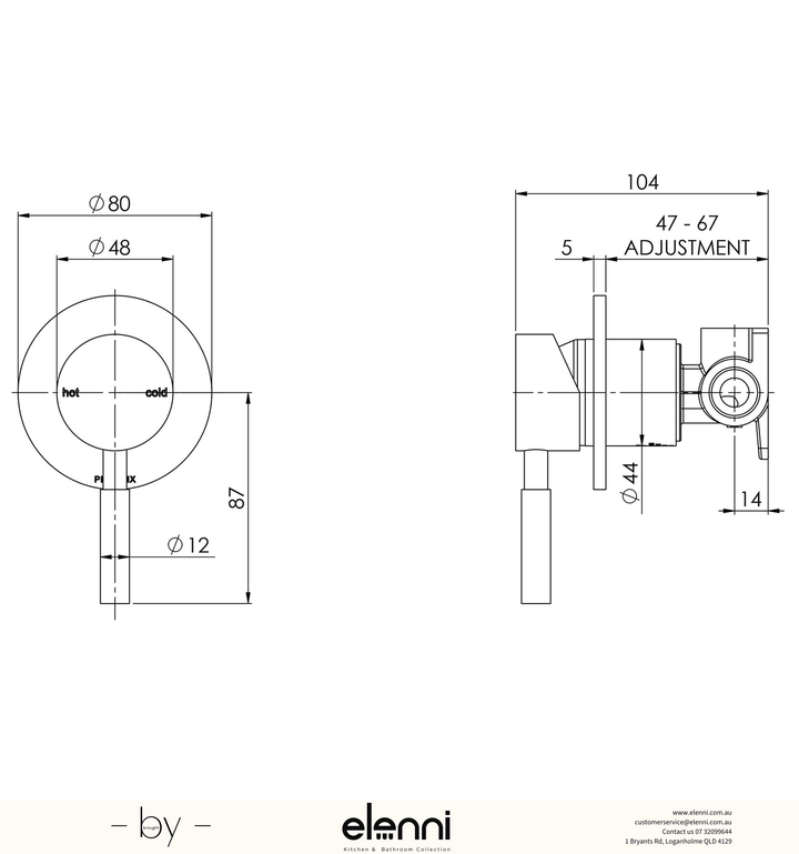Vivid Shower / Wall Mixer - Lead Free - Elenni specification drawing