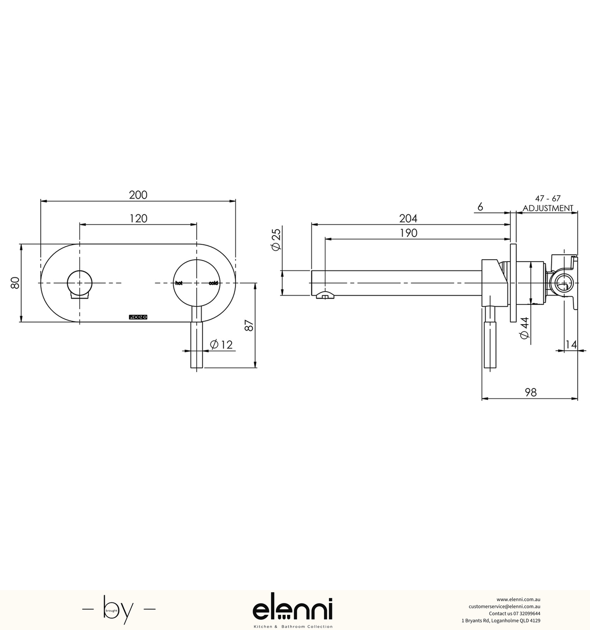Vivid Wall Basin Mixer Set 200mm - Elenni specification drawing