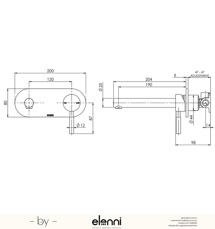 Vivid Wall Basin Mixer Set 200mm - Elenni specification drawing