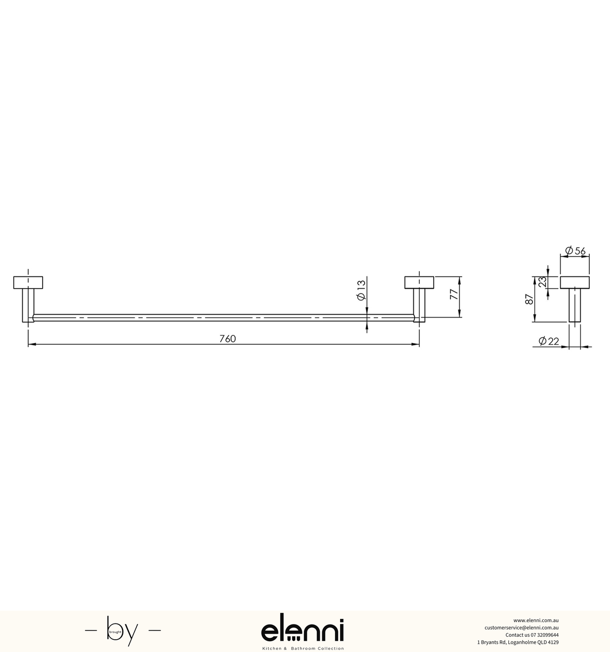 Vivid Single Towel Rail 760mm - Elenni specification drawing