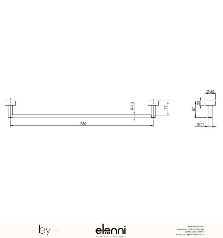 Vivid Single Towel Rail 760mm - Elenni specification drawing