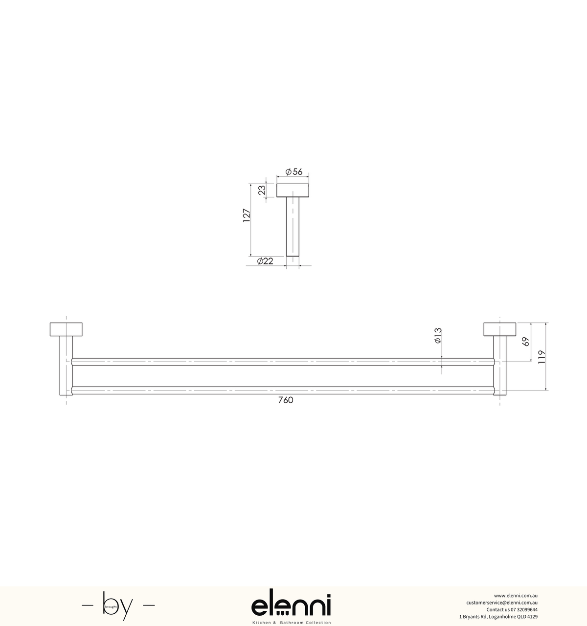 Vivid Double Towel Rail 760mm - Elenni specification drawing