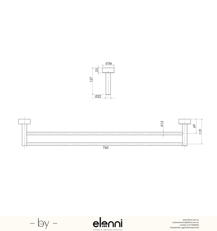 Vivid Double Towel Rail 760mm - Elenni specification drawing
