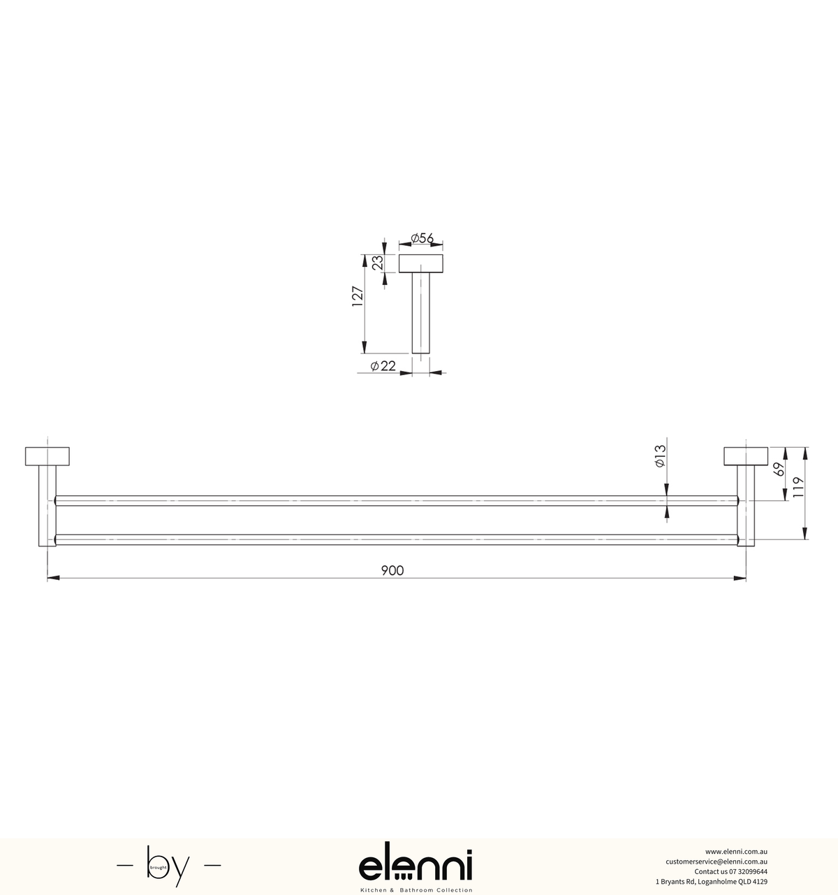 Vivid Double Towel Rail 900mm - Elenni specification drawing