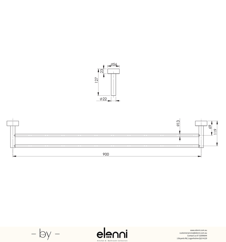 Vivid Double Towel Rail 900mm - Elenni specification drawing