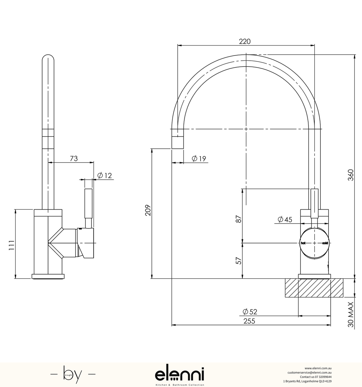 Vivid Sink Mixer 220mm Gooseneck - Elenni specification drawing