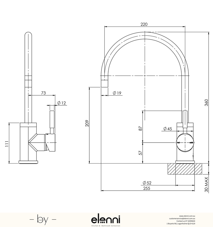 Vivid Sink Mixer 220mm Gooseneck - Elenni specification drawing