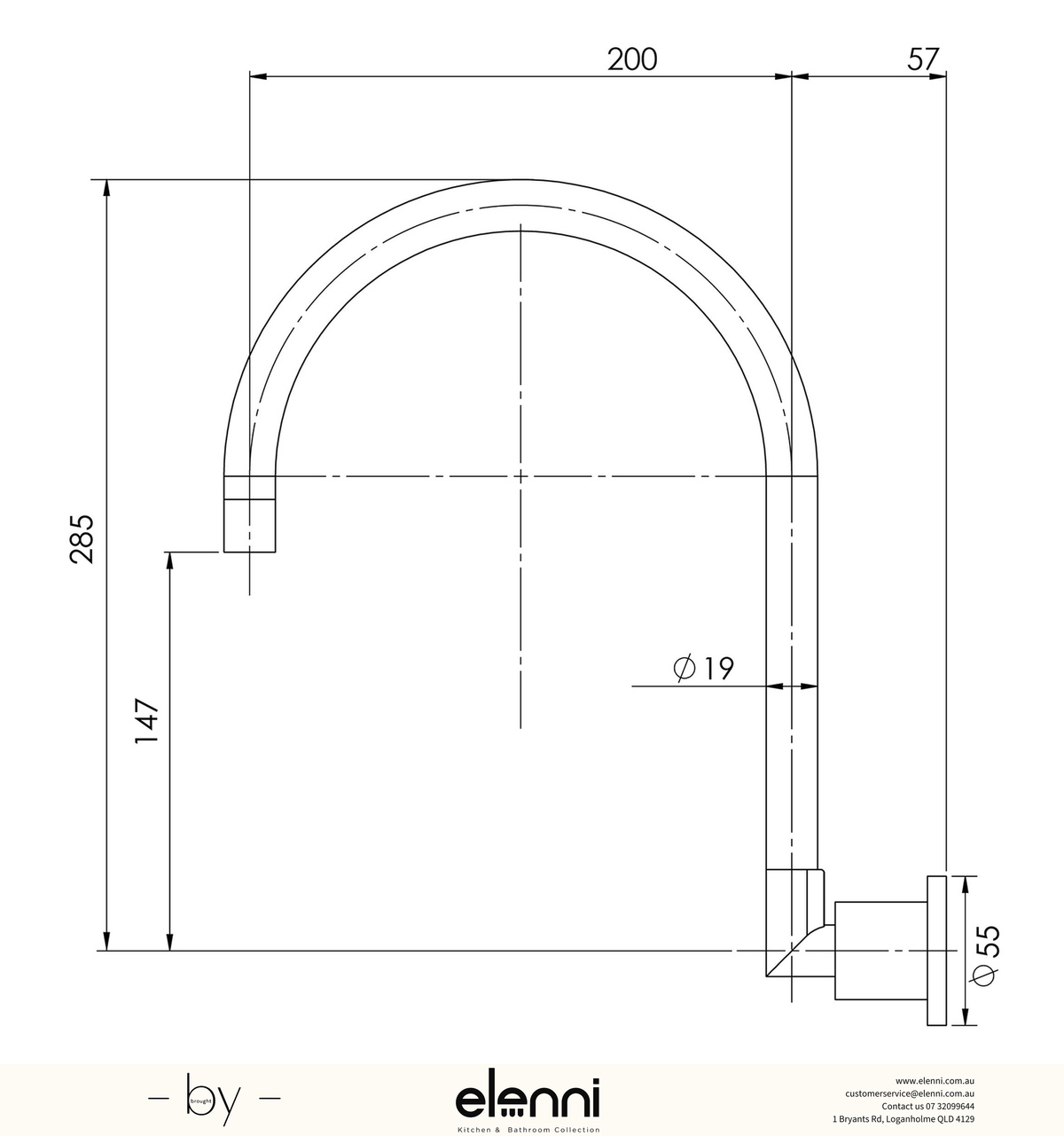 Vivid Pin Lever Wall Sink Outlet 200mm Gooseneck - Elenni specification drawing