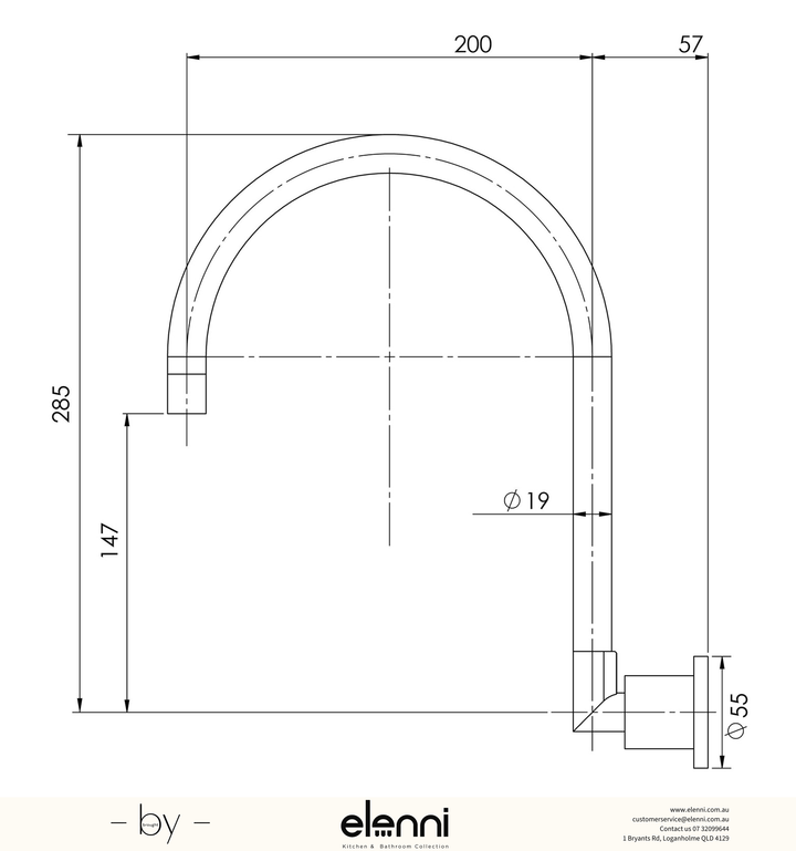 Vivid Pin Lever Wall Sink Outlet 200mm Gooseneck - Elenni specification drawing