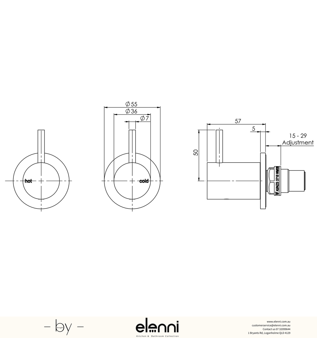 Vivid Slimline Wall Top Assemblies 15mm Extended Spindles - Lead Free - Elenni specification drawing