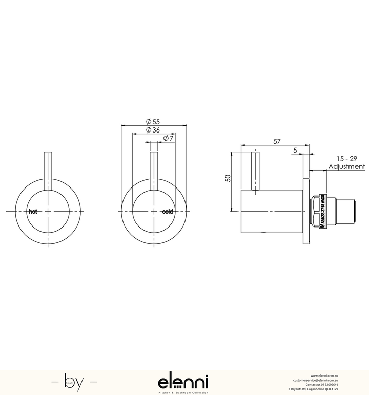 Vivid Slimline Wall Top Assemblies 15mm Extended Spindles - Lead Free - Elenni specification drawing