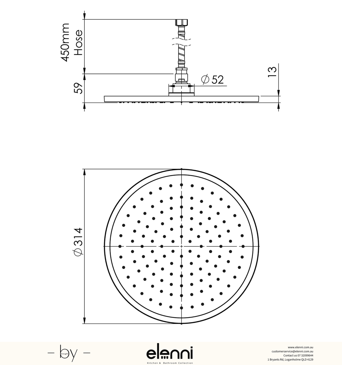 Vivid Slimline Flush Mount Ceiling Shower 300mm Round - Elenni specification drawing