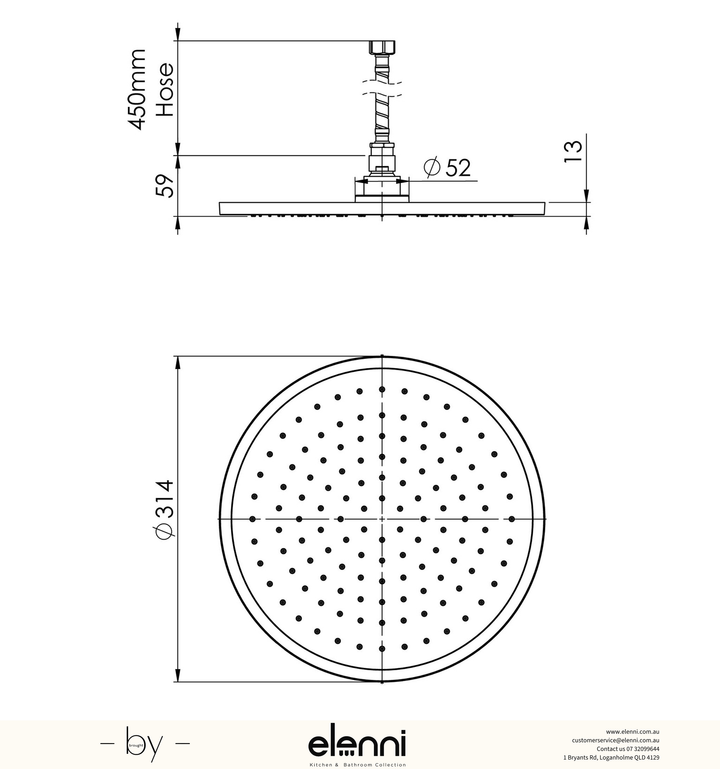 Vivid Slimline Flush Mount Ceiling Shower 300mm Round - Elenni specification drawing