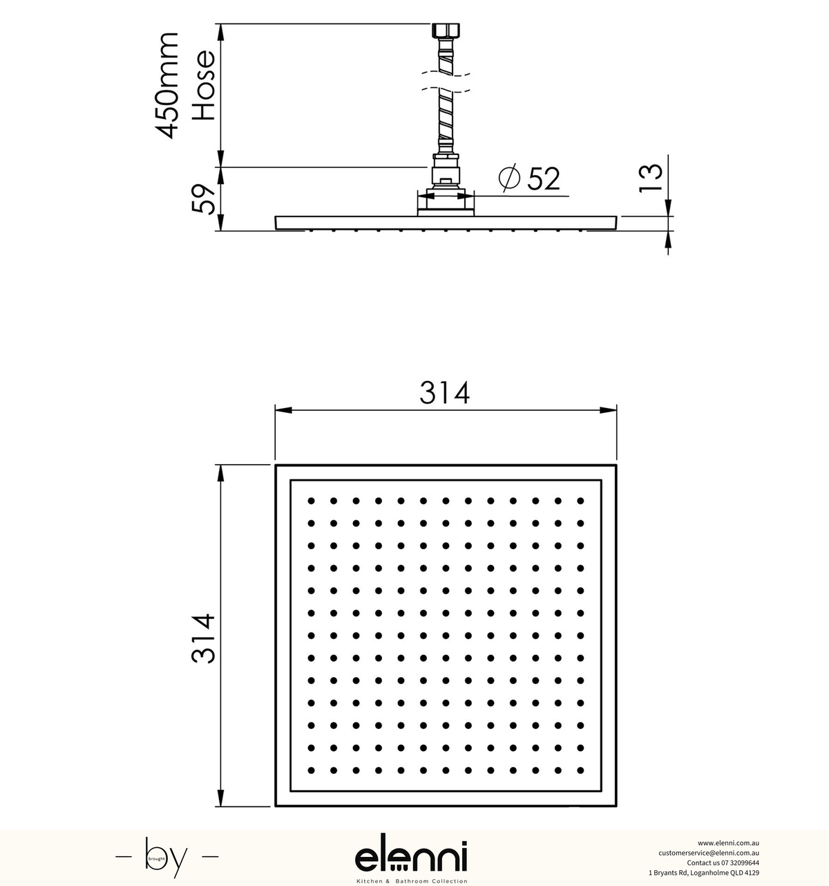 Vivid Slimline Flush Mount Ceiling Shower 300mm Square - Elenni specification drawing
