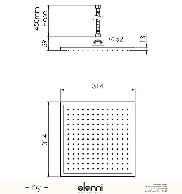 Vivid Slimline Flush Mount Ceiling Shower 300mm Square - Elenni specification drawing