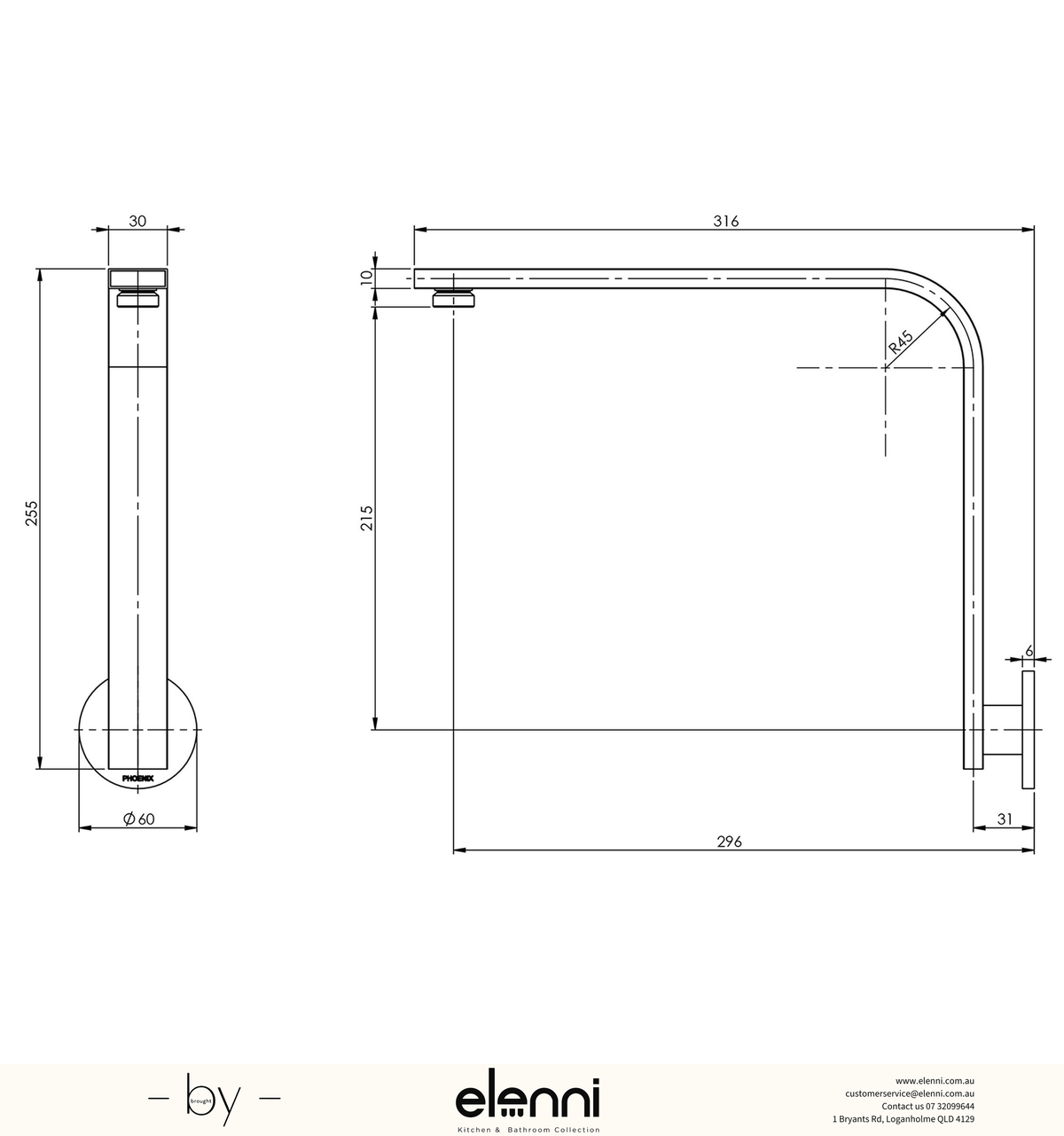 Vivid Slimline High-Rise Shower Arm Round Plate - Elenni specification drawing