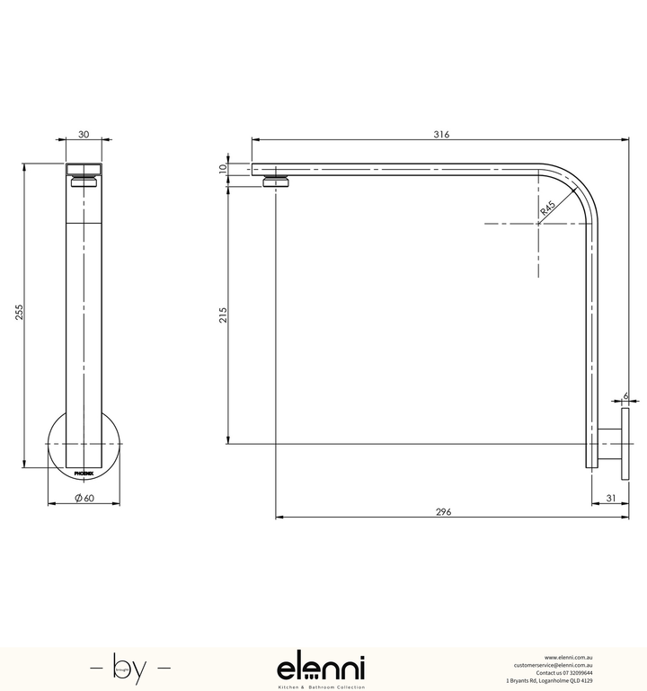 Vivid Slimline High-Rise Shower Arm Round Plate - Elenni specification drawing