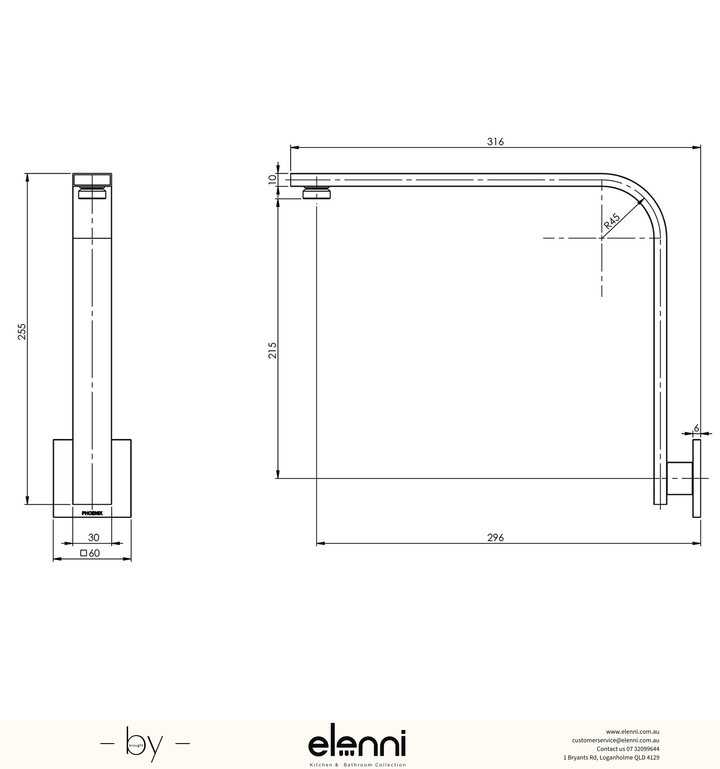 Vivid Slimline High-Rise Shower Arm Square Plate - Elenni specification drawing