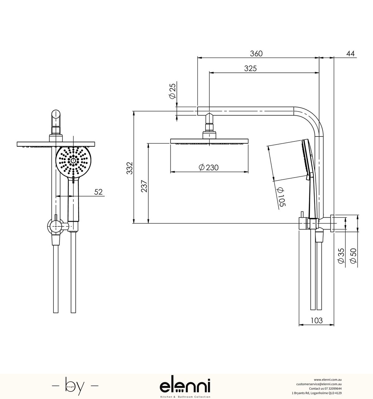 Vivid Slimline Compact Twin Shower - Elenni specification drawing