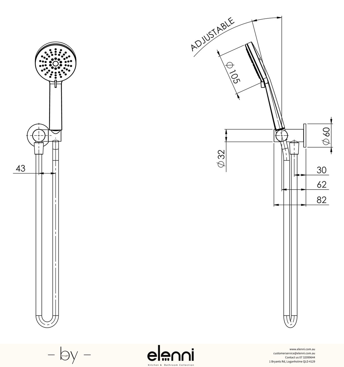Vivid Slimline Hand Shower - Elenni specification drawing