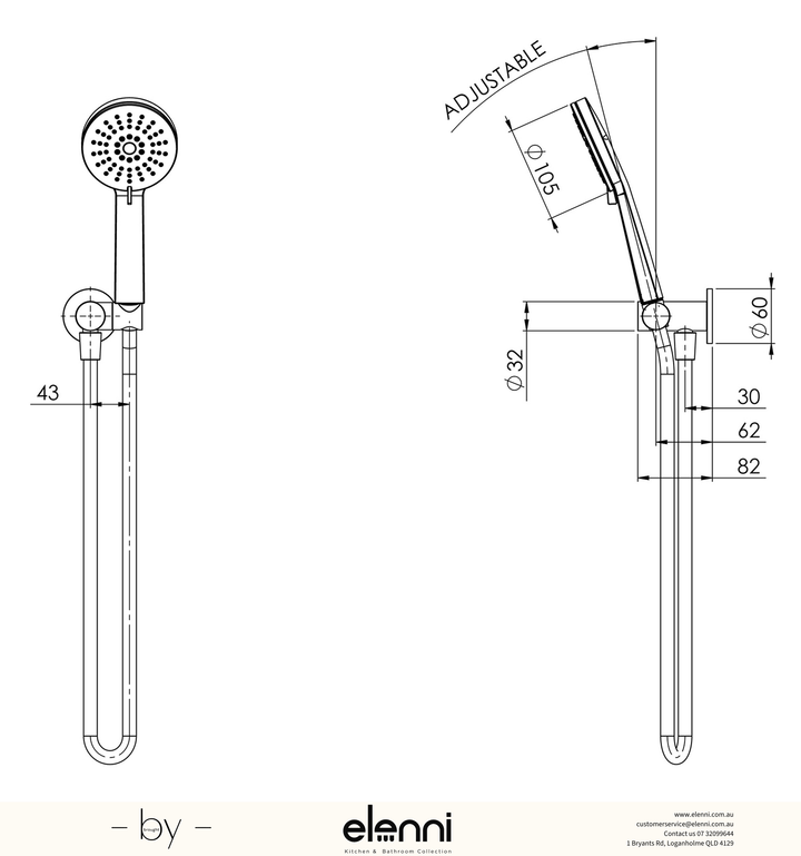 Vivid Slimline Hand Shower - Elenni specification drawing