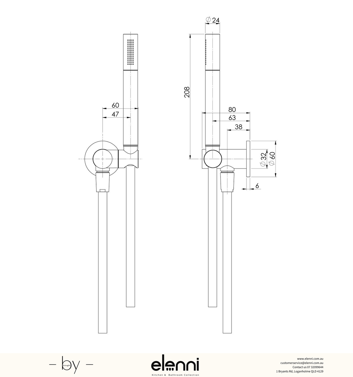 Vivid Slimline Microphone Hand Shower - Elenni specification drawing