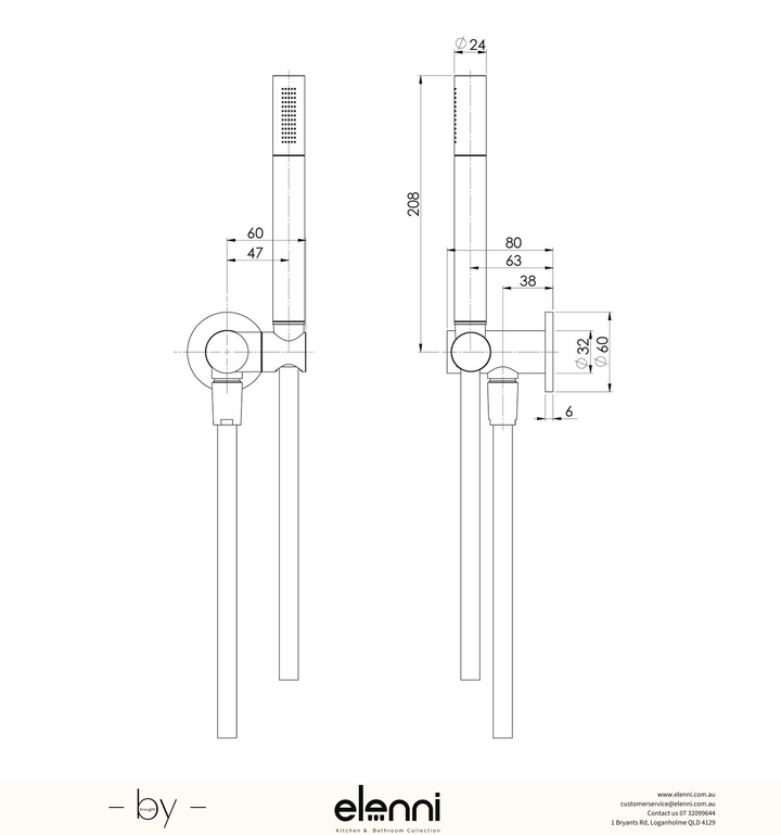 Vivid Slimline Microphone Hand Shower - Elenni specification drawing