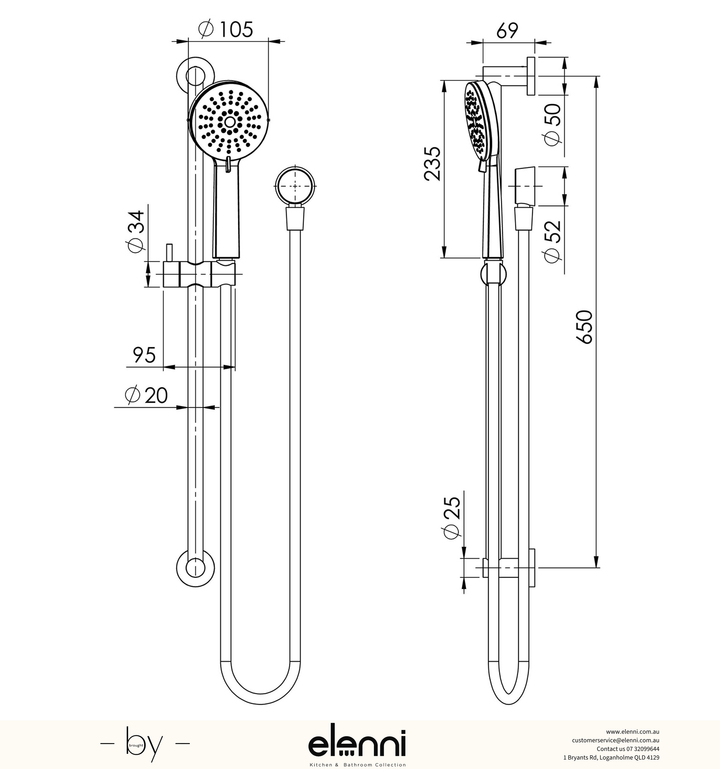 Vivid Slimline Extended Rail Shower - Elenni specification drawing