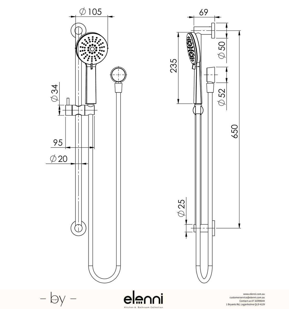Vivid Slimline Rail Shower - Elenni specification drawing