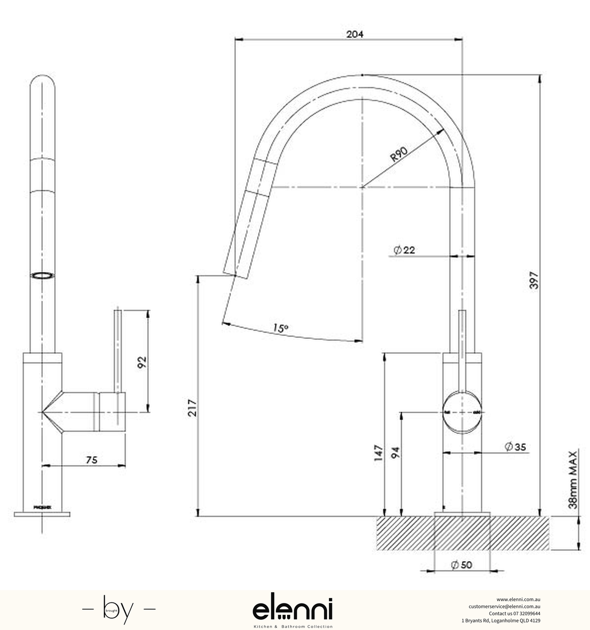 Vivid Slimline Pull Out Sink Mixer 200mm - Lead Free - Elenni specification drawing