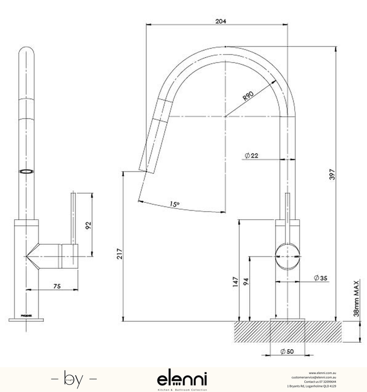 Vivid Slimline Pull Out Sink Mixer 200mm - Lead Free - Elenni specification drawing