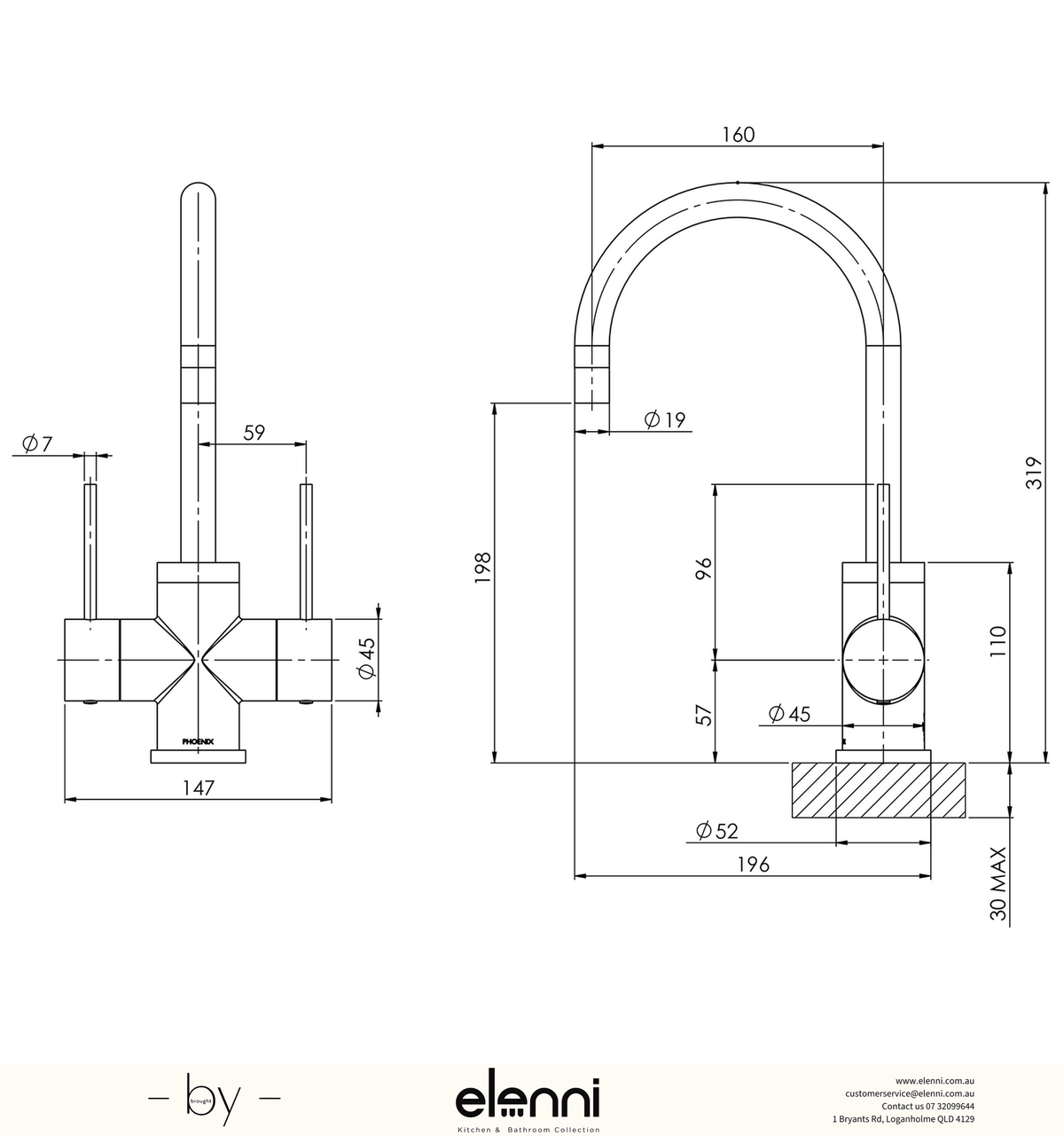 Vivid Slimline Twin Handle Sink Mixer 160mm Gooseneck - Elenni specification drawing