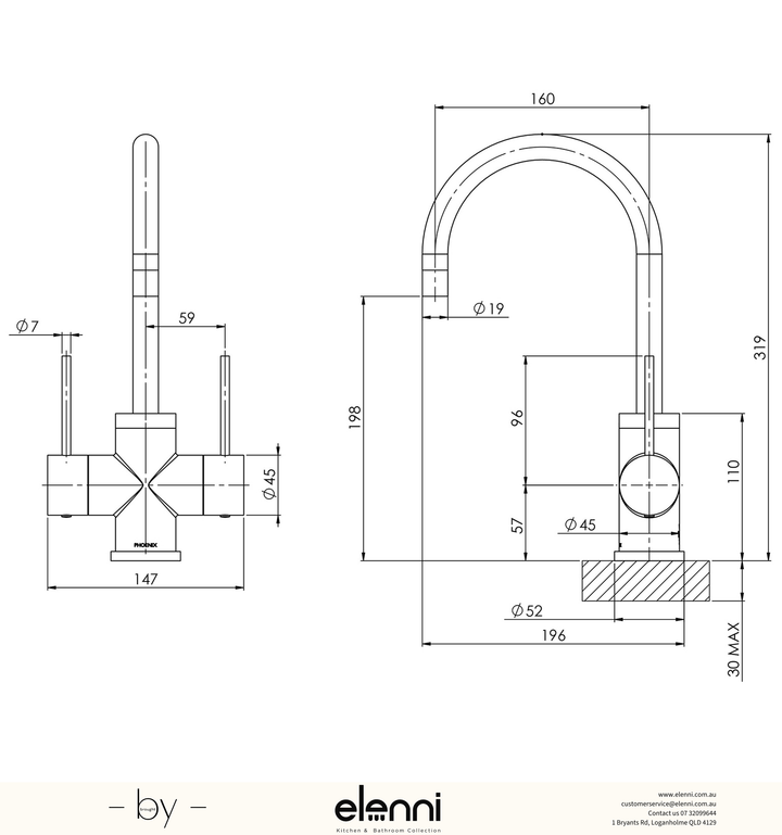 Vivid Slimline Twin Handle Sink Mixer 160mm Gooseneck - Elenni specification drawing