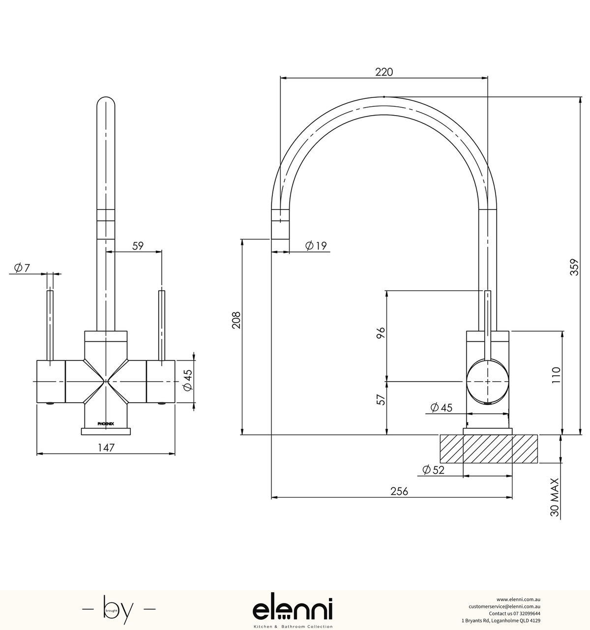 Vivid Slimline Twin Handle Sink Mixer 220mm Gooseneck - Elenni specification drawing