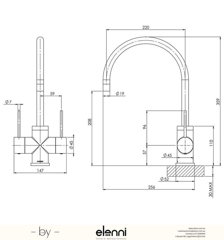 Vivid Slimline Twin Handle Sink Mixer 220mm Gooseneck - Elenni specification drawing