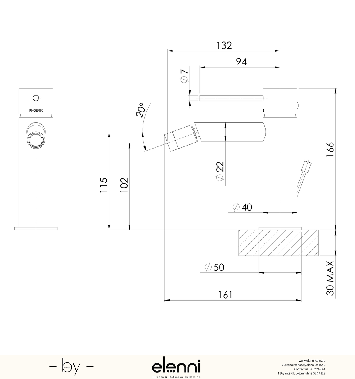 Vivid Slimline Bidet Mixer with Pop-Up Waste - Elenni specification drawing