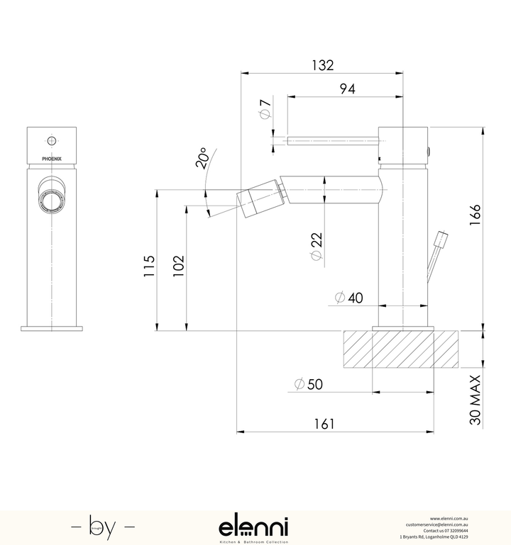 Vivid Slimline Bidet Mixer with Pop-Up Waste - Elenni specification drawing
