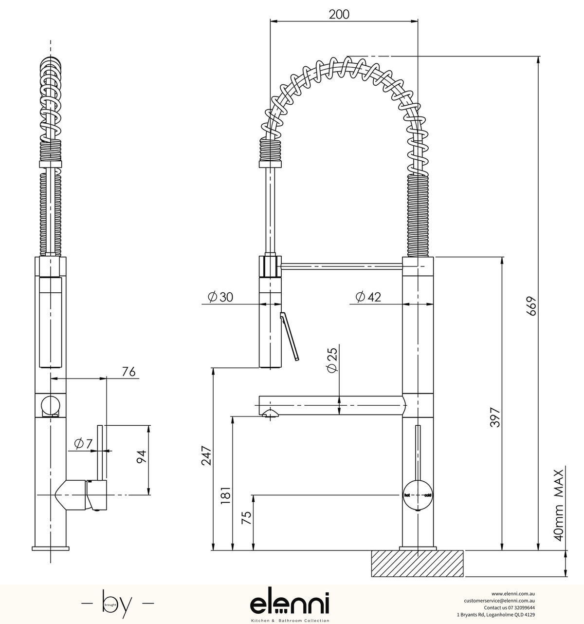 Vivid Slimline Multi Function Sink Mixer - Lead Free - Elenni specification drawing