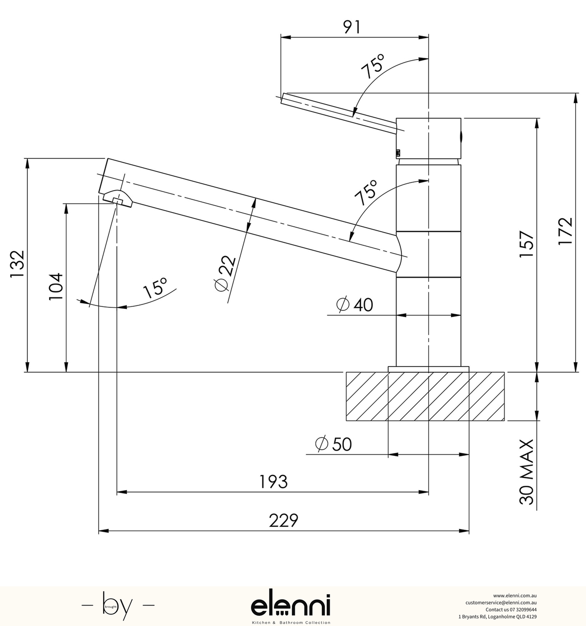 Vivid Slimline Sink Mixer - Lead Free - Elenni specification drawing