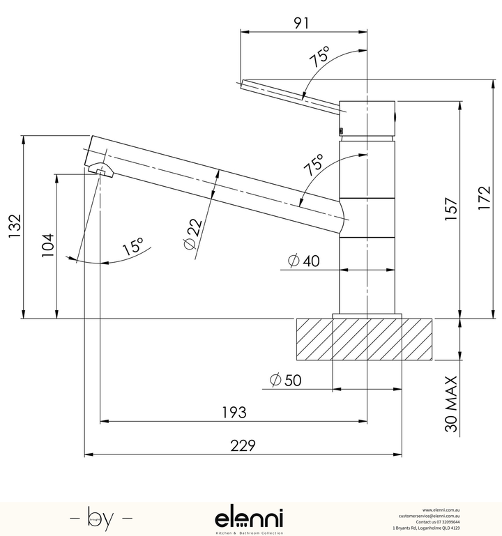 Vivid Slimline Sink Mixer - Lead Free - Elenni specification drawing
