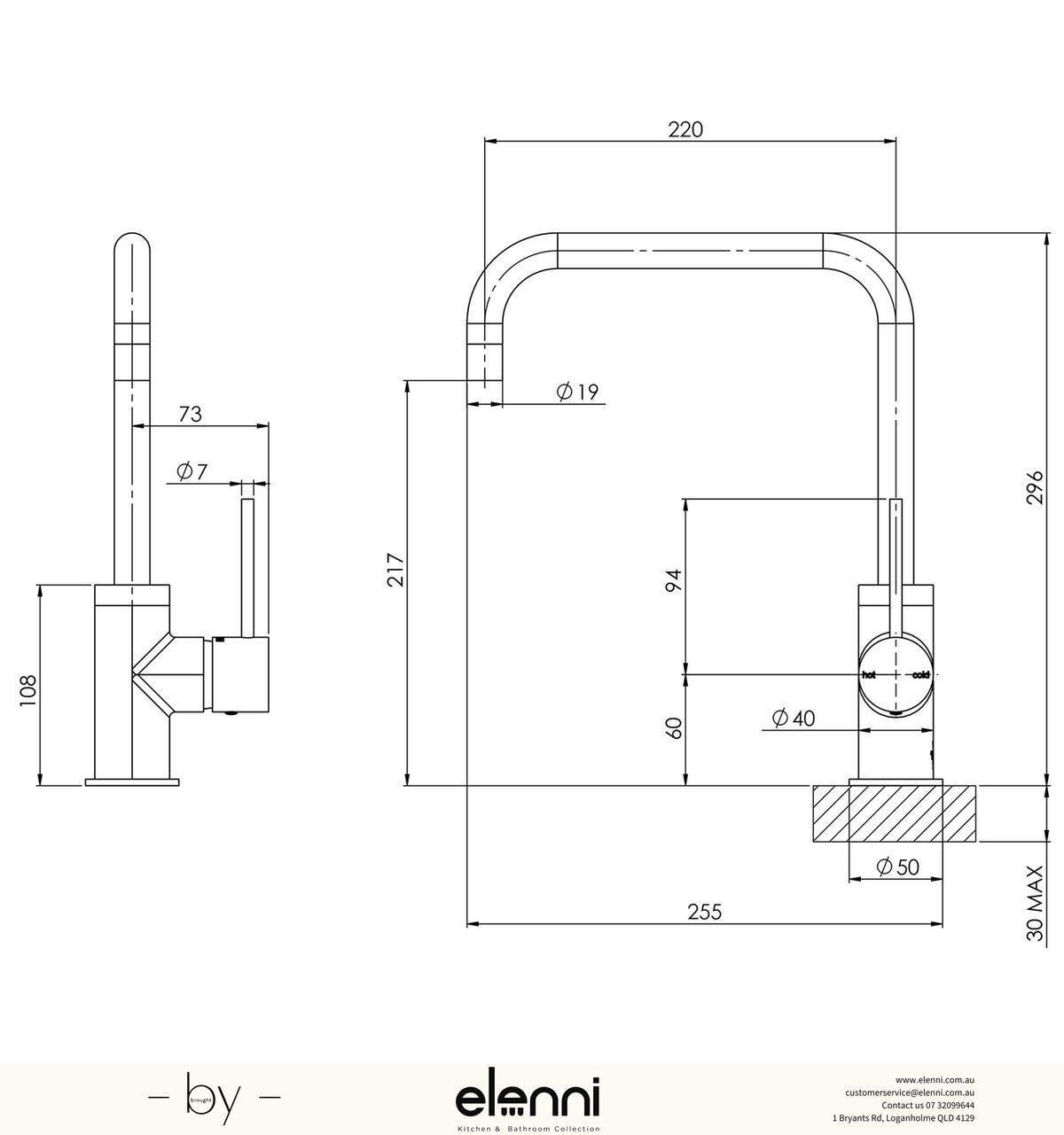 Vivid Slimline Sink Mixer 220mm Squareline - Lead Free - Elenni specification drawing