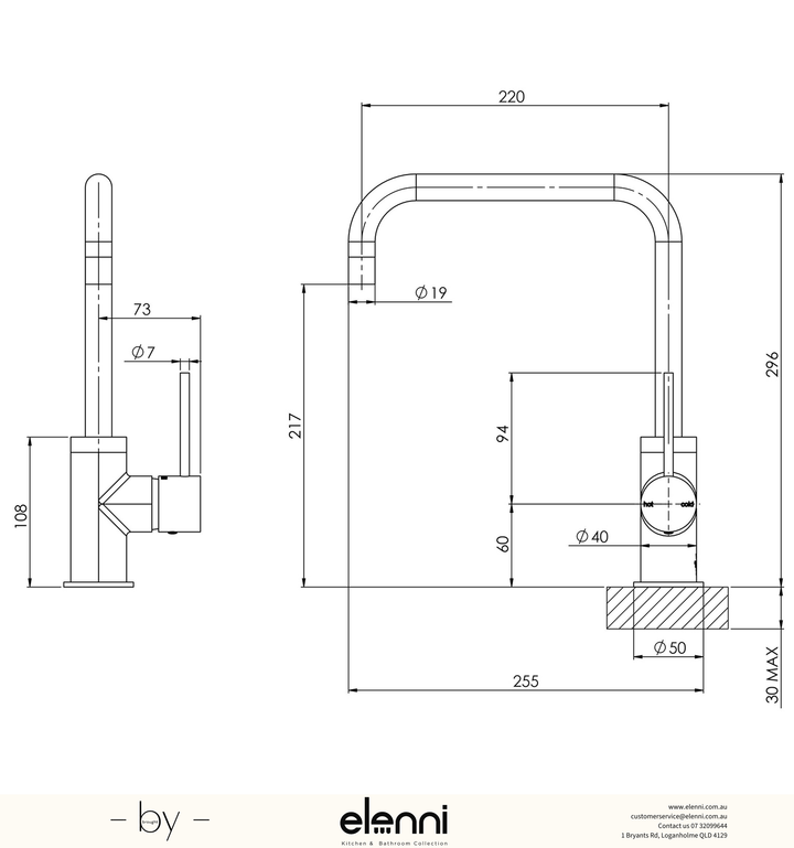Vivid Slimline Sink Mixer 220mm Squareline - Lead Free - Elenni specification drawing
