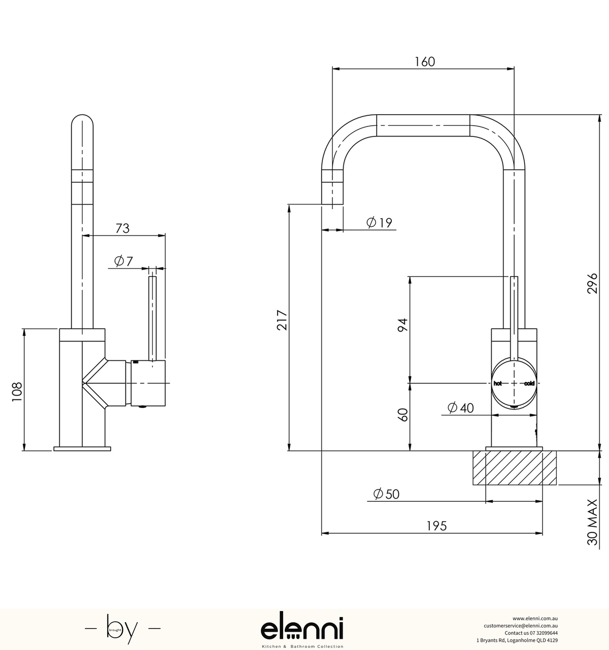 Vivid Slimline Sink Mixer 160mm Squareline - Elenni specification drawing
