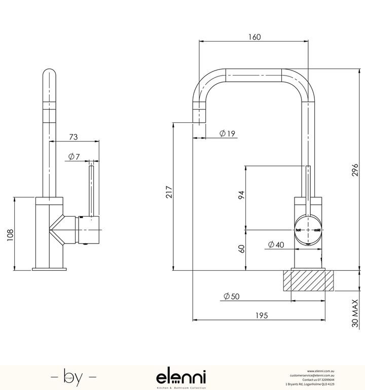 Vivid Slimline Sink Mixer 160mm Squareline - Elenni specification drawing