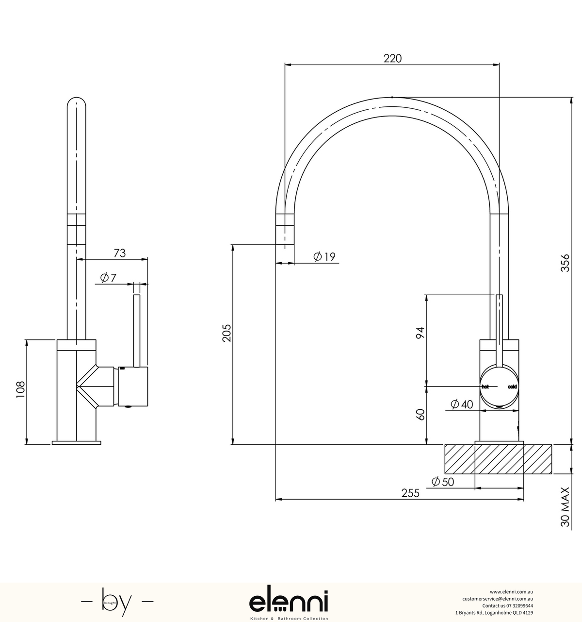 Vivid Slimline Sink Mixer 220mm Gooseneck - Lead Free - Elenni specification drawing