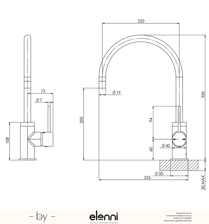 Vivid Slimline Sink Mixer 220mm Gooseneck - Lead Free - Elenni specification drawing