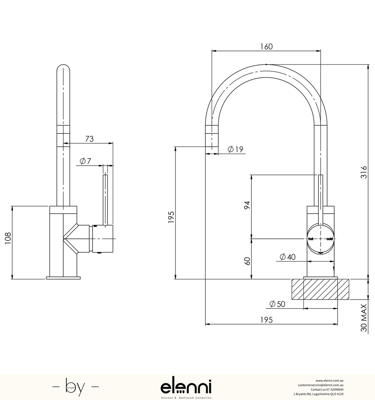 Vivid Slimline Sink Mixer 160mm Gooseneck - Lead Free - Elenni specification drawing