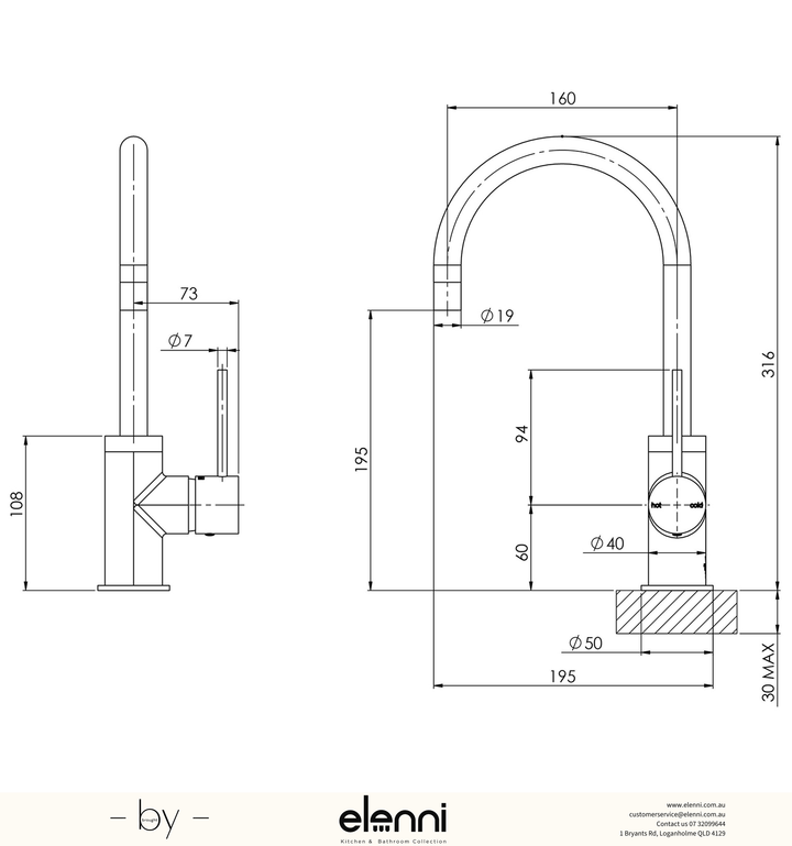 Vivid Slimline Sink Mixer 160mm Gooseneck - Lead Free - Elenni specification drawing