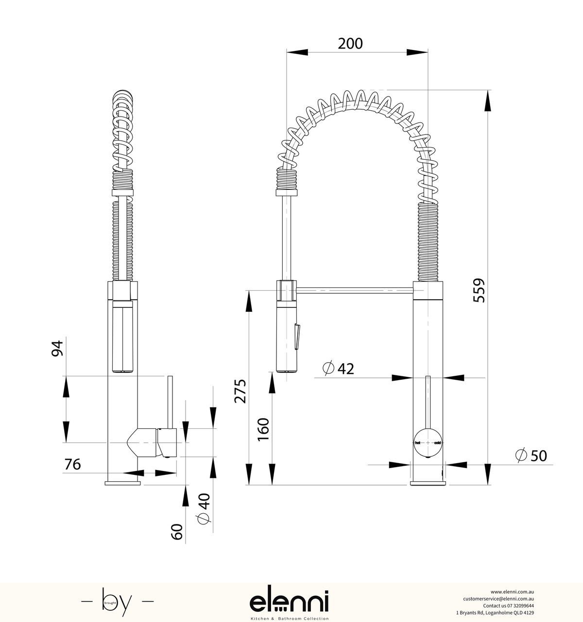Vivid Slimline Tall Spring Sink Mixer - Lead Free - Elenni specification drawing