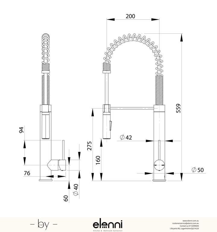 Vivid Slimline Tall Spring Sink Mixer - Lead Free - Elenni specification drawing